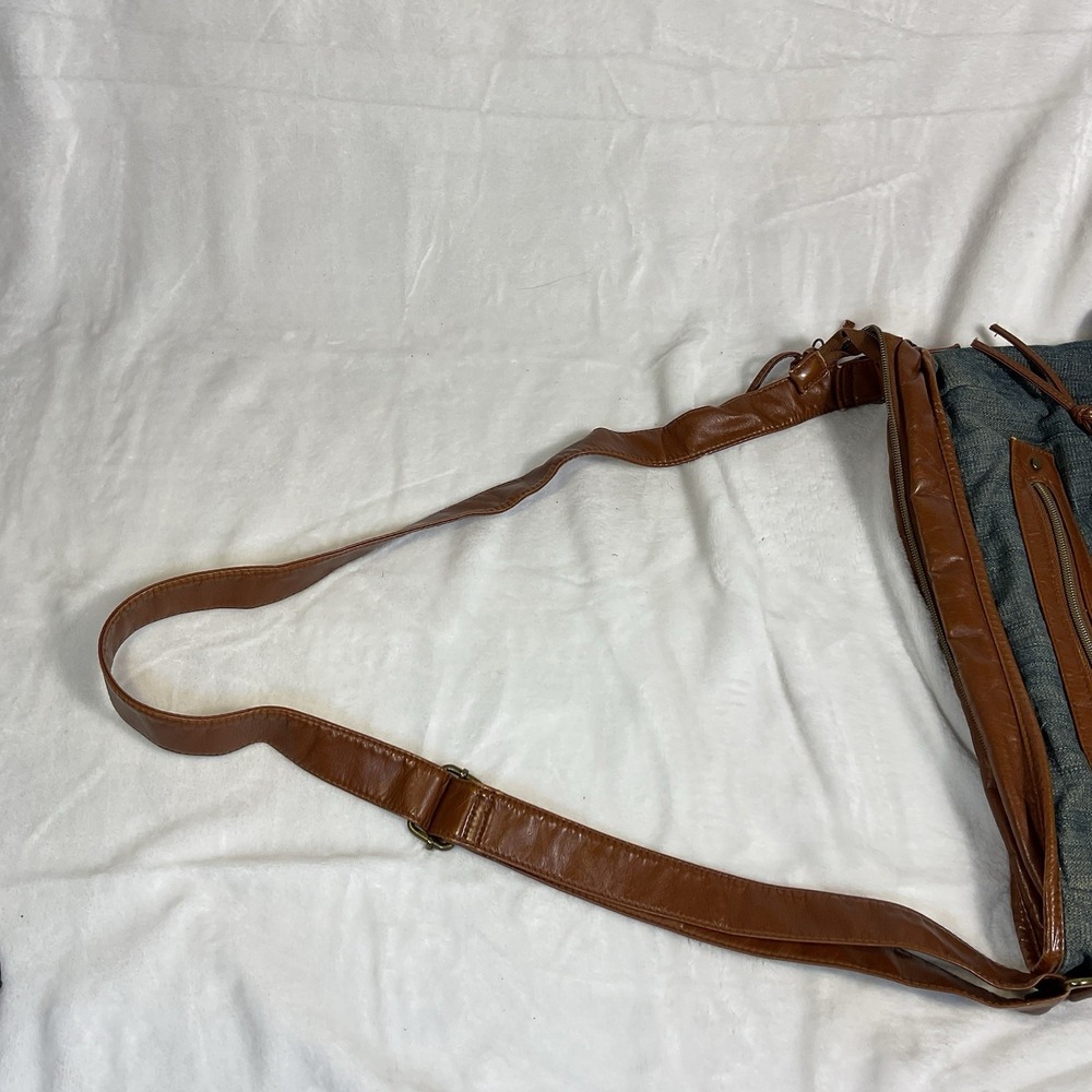 Vintage Denim Messenger Bag Brown Faux Leather Adjustable Strap Pockets 13 X 16 - Picture 5 of 8